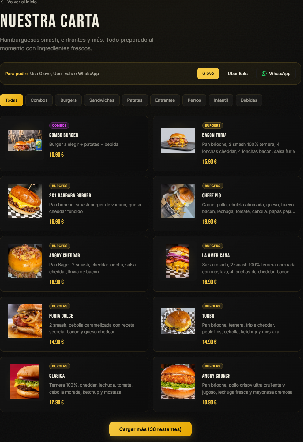 Menu digital de Angry Bird Burger